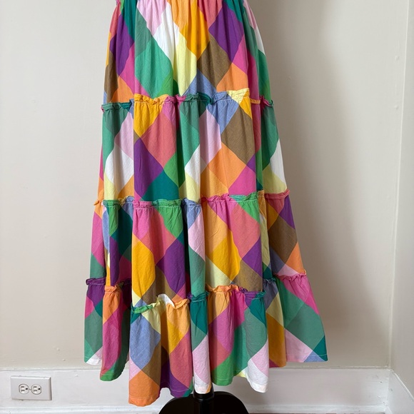 Crown Ivy Rainbow Plaid Smocked Tiered Ruffle Midi Dress L Boho Vacation Resort - Picture 7 of 16